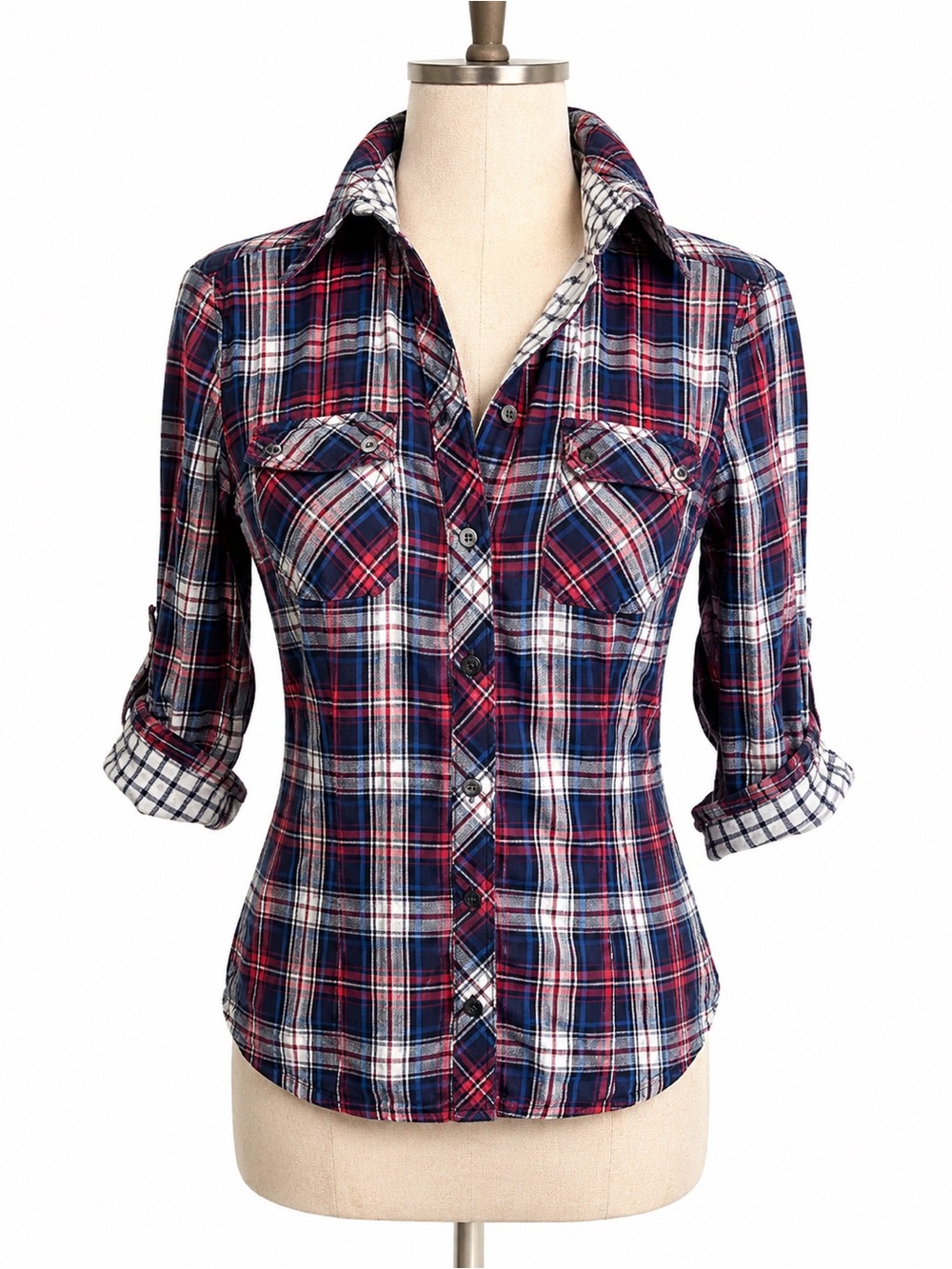 Bebe Plaid Button Down Shirt XS Red White Blue Preppy Western Cottagecore